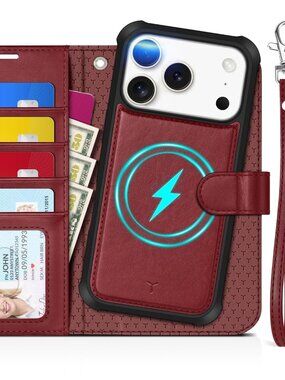 TUCCH Case Wallet for iPhone 17 Pro (6.3-Inch) 2025, Wrist Strap Dark Red